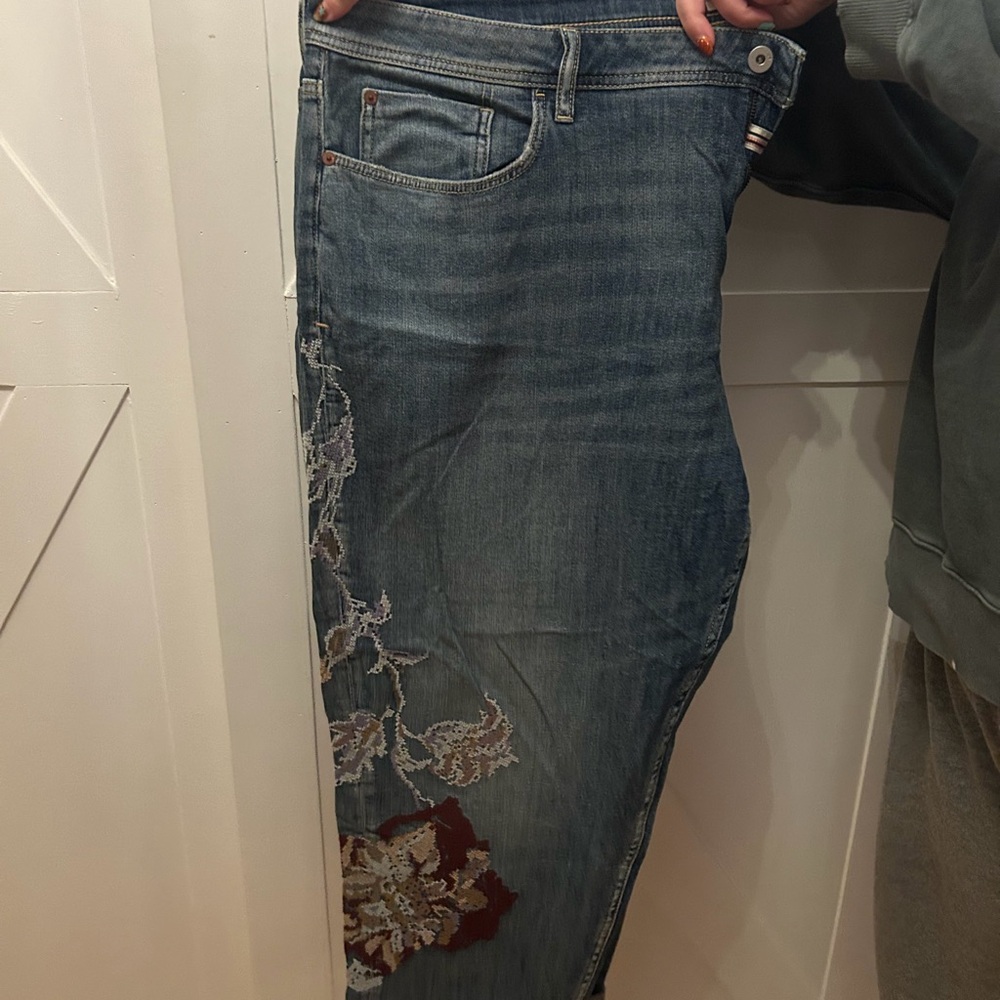 Pilcro Blue Jeans with Red and White Embroidery